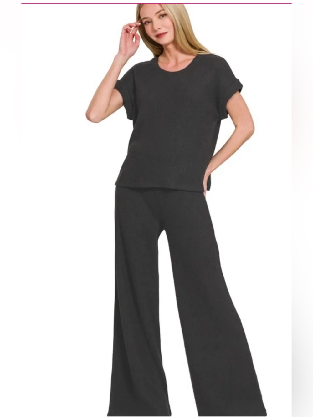 ZENANA Relaxed Short Sleeve Knit Top in Black Size Large